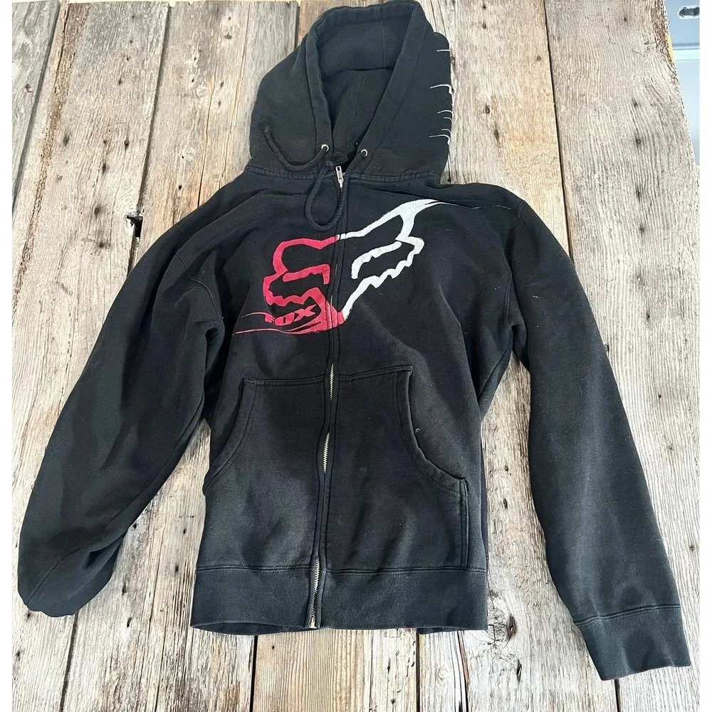 Fox Racing Mens Small Black Zip Up‎ Hoodie Red White Logo Motocross Sweatshirt